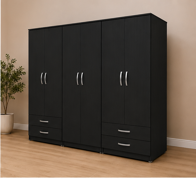 Full Size Six Door Black Wardrobe - Double Drawer Base