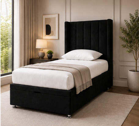 Modern Fabric Wingback Single Bed - Deluxe Panel Single Bed Frame