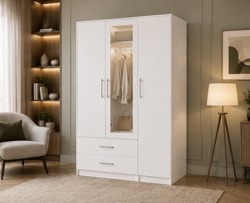 Durable Engineered Wood Wardrobe with Mirror - Compact 3 Door Wardrobe