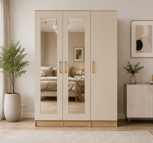 3 Door Wardrobe with Mirror – Large Bedroom Storage Cabinet, Hanging Space & Shelves, Modern Wooden Closet Organizer