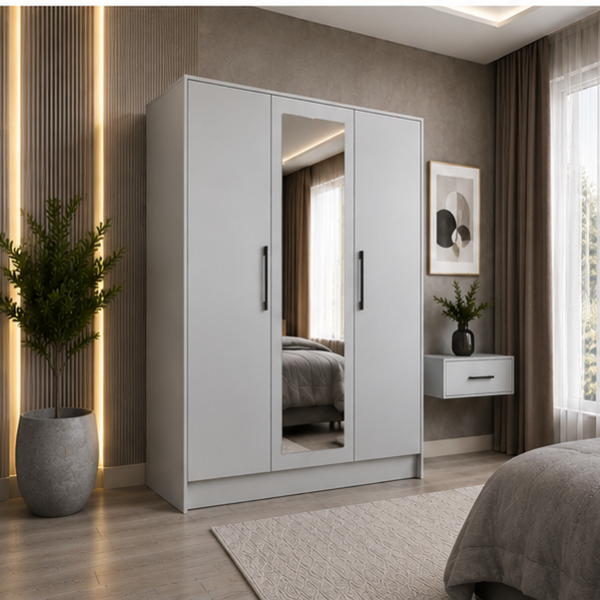 Large Mirrored 3 Door Wardrobe with Shelves