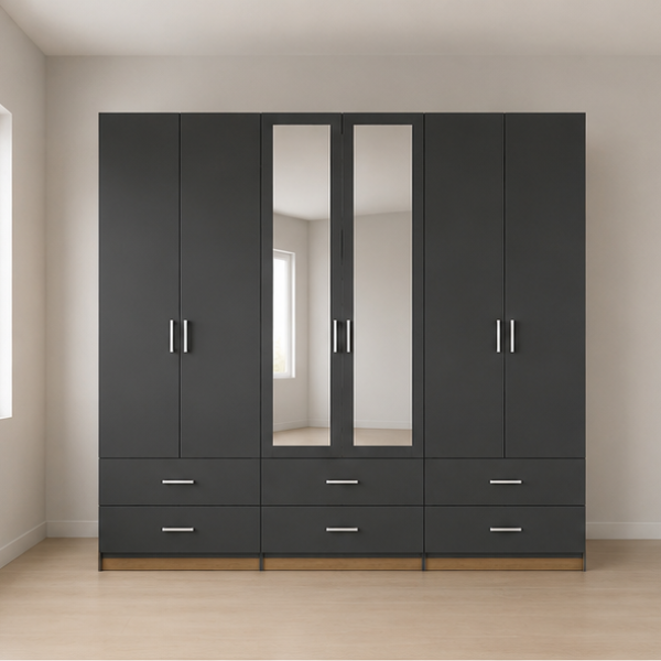 Large Capacity grey 6 Door Wardrobe with 2 Mirror, 6 Drawers