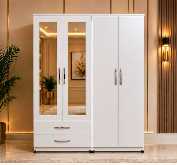 Modern white 4 door Wardrobe with 2 Mirror and 2 Drawers