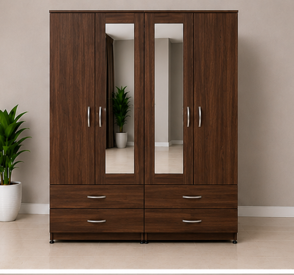 Luxury walnut Bedroom Wardrobe with 4 Drawers and two mirrors
