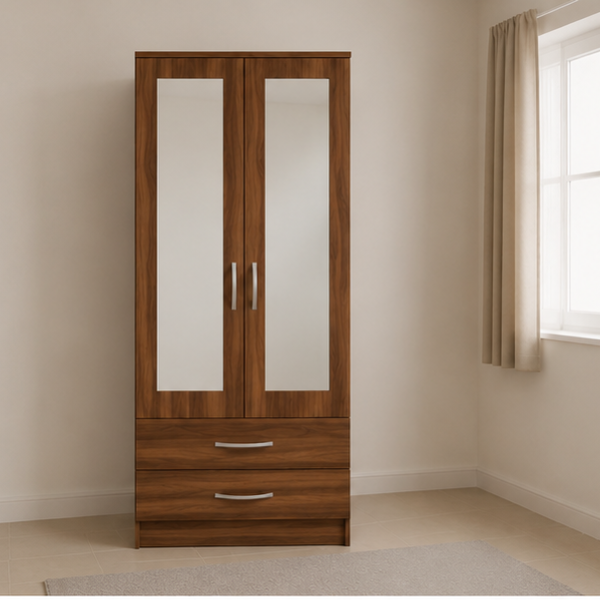 Contemporary Half Mirror Double Door Wardrobe with walnut colors