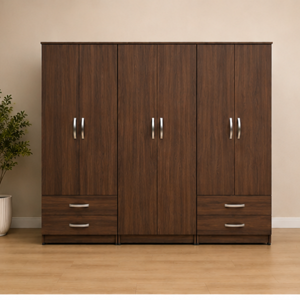 Minimalist Six Door Walnut Wardrobe - Dual Lower Drawers