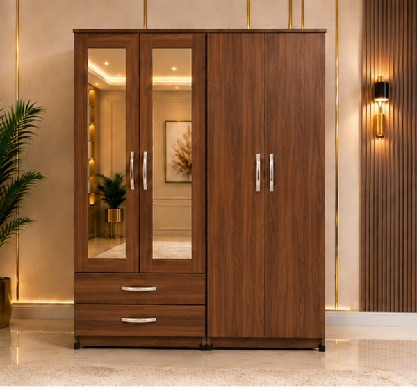 Modern walnut 4 door Wardrobe with Dual Mirrors and 2 Drawers