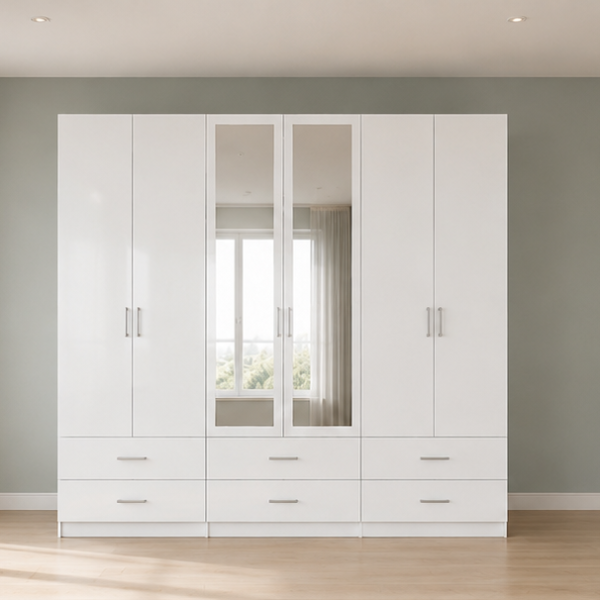 Premium white Bedroom 6 doors Wardrobe with 6 drawers & dual mirror