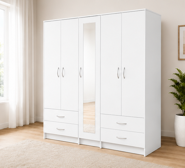 Modern White 5 Door Wardrobe with Full Length Mirror and 4 Storage Drawers for Bedroom Organization