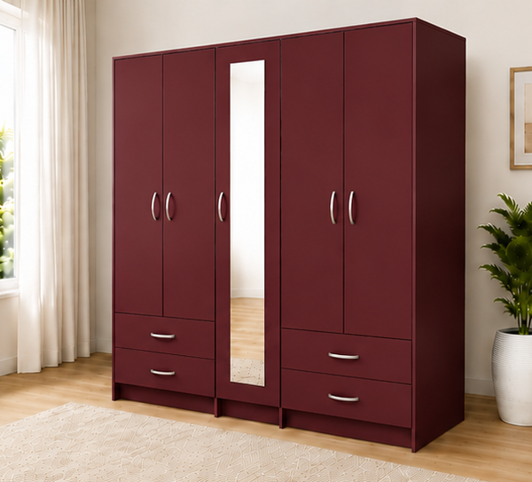 Large Burgendy Bedroom Wardrobe Closet with Mirror Door, Hanging Space, Shelves and Storage Drawers