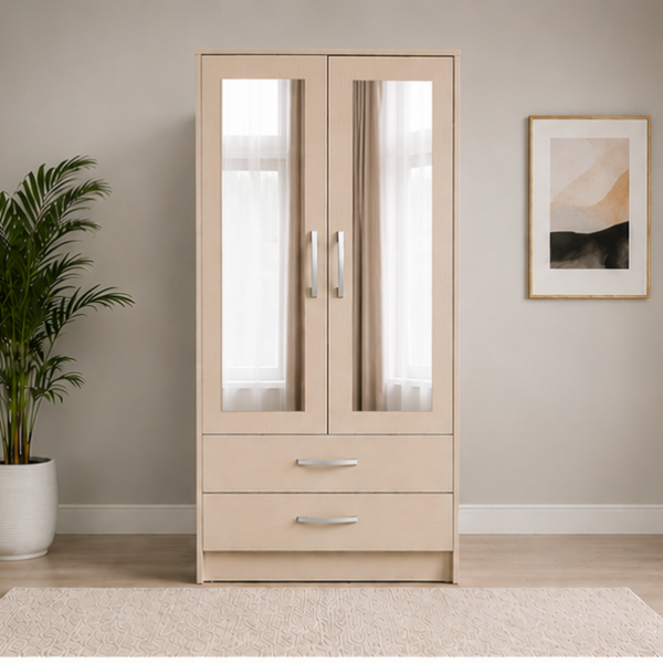 2 Door Wardrobe with Half Mirror & 2 Drawers with beige colors