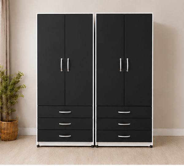 Luxury 4 Door Wardrobe – Spacious Storage Closet with Drawers & Double Hanging Sections Black with white colors