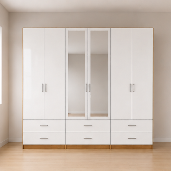 Modern Wooden 6 doors Wardrobe – 6 Drawers & Dual Mirrors