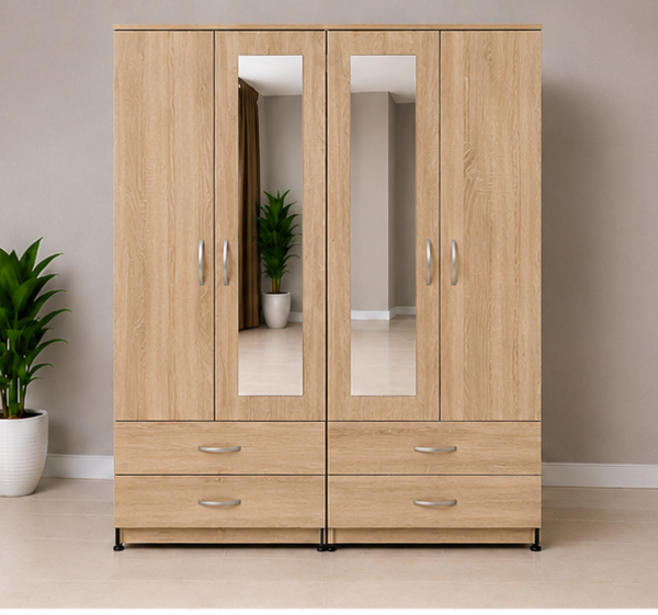 Multi-Storage oak 4 door Wardrobe with 4 Drawers and 2 Mirrors